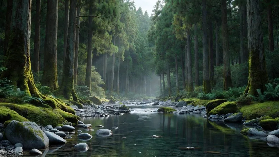 苔むした岩と杉林の間を流れる渓流