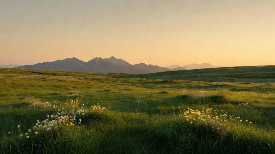 夕暮れの高原の草原と遠くの山並み
