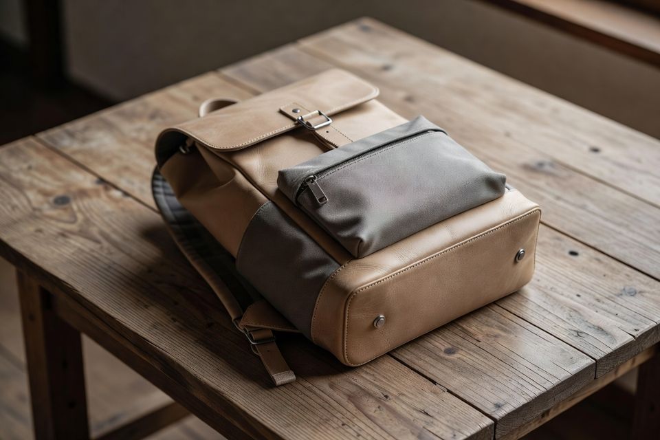 木のテーブルに置かれたベージュのデイパック