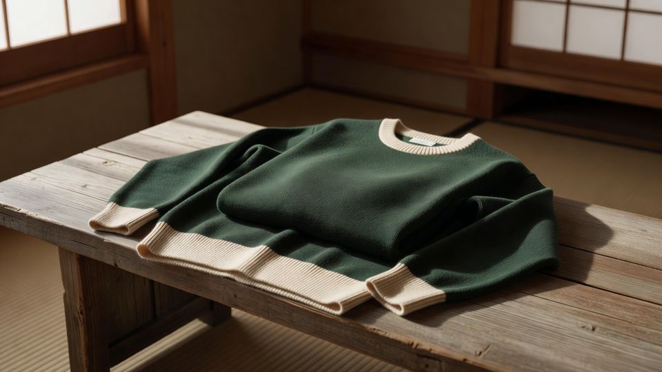 畳の部屋の木のベンチに置かれた緑のセーター