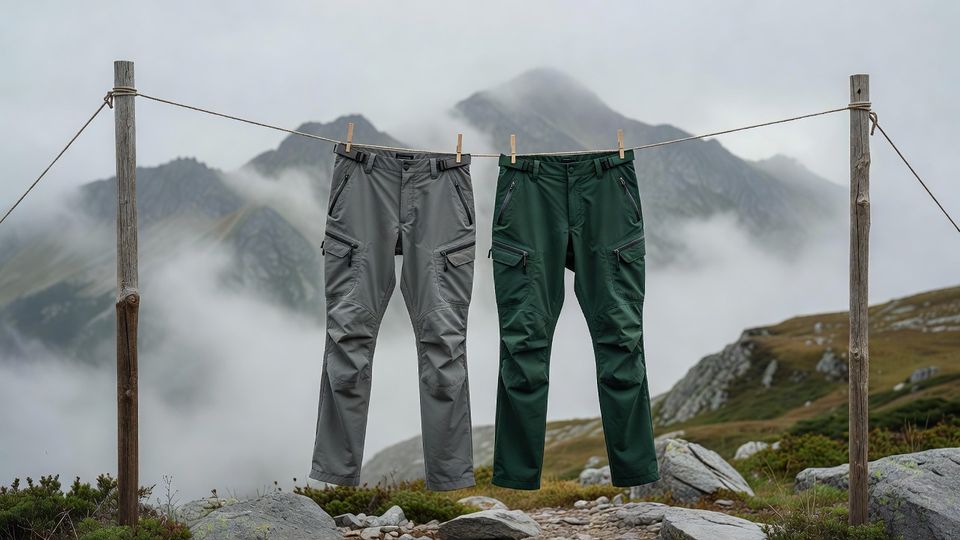 山を背景に物干しロープへ掛けた2本のトレッキングパンツ