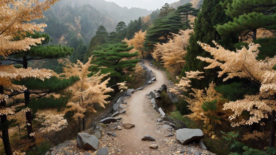 紅葉した木々の間を抜ける秋の山道