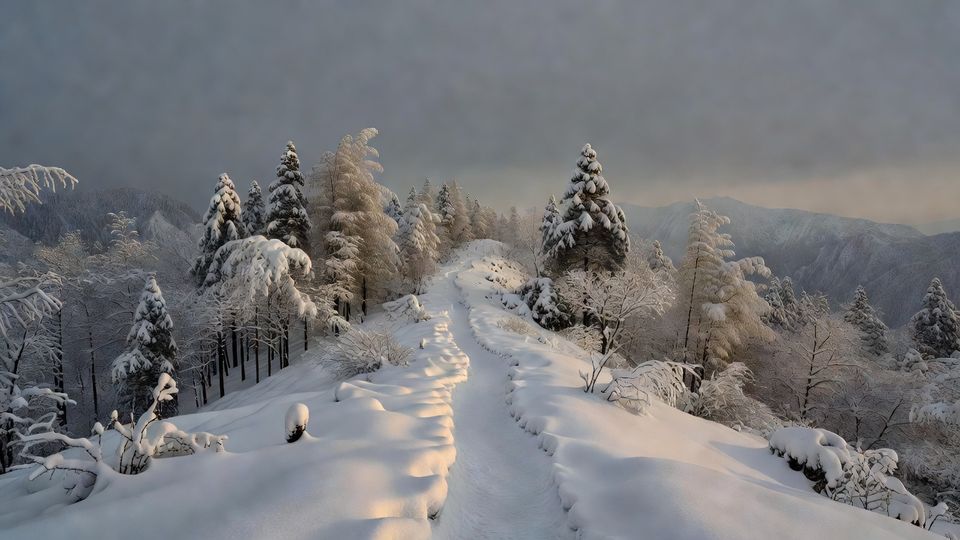 雪に覆われた冬の山道と針葉樹